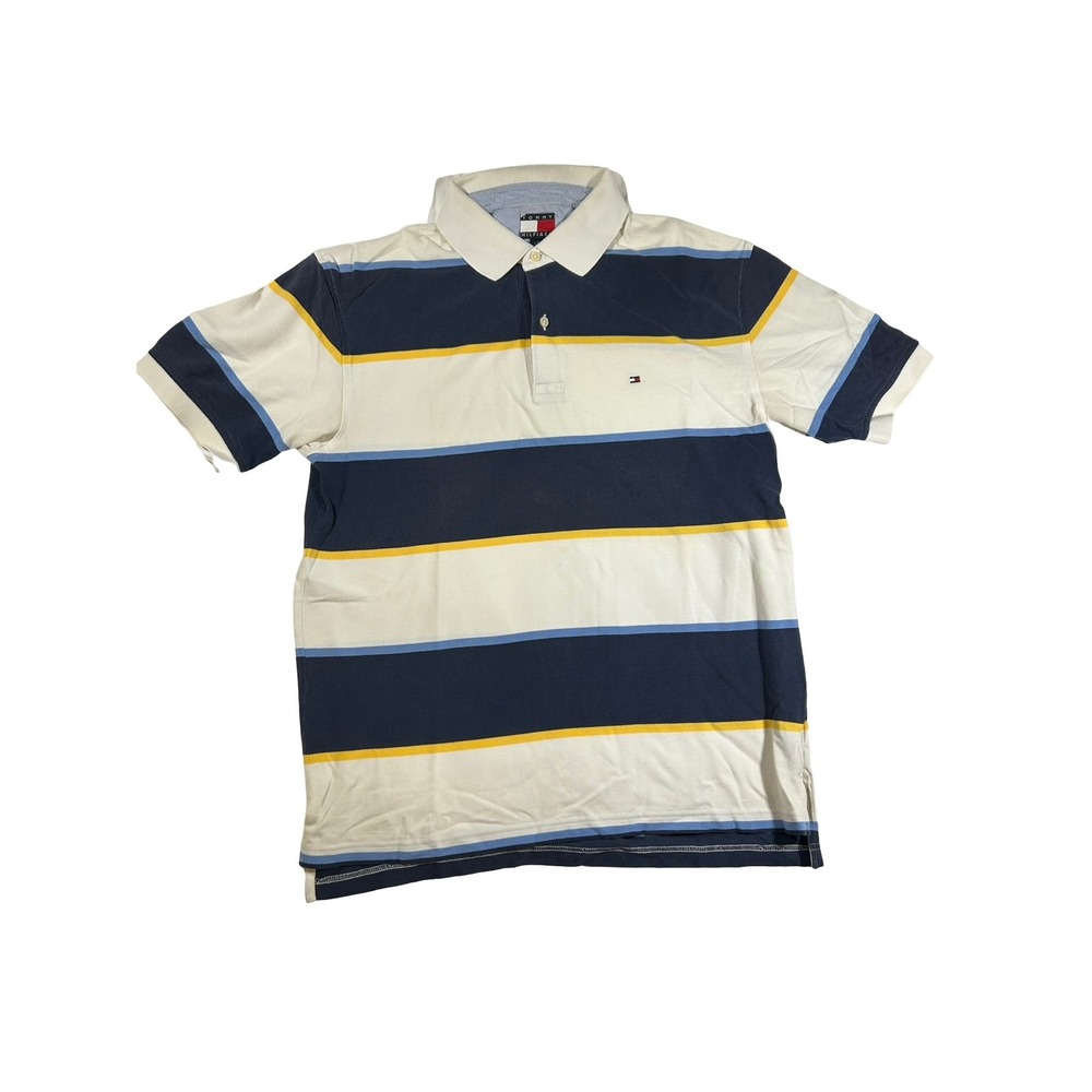 Tommy Hilfiger Mens Large Polo Shirt Striped Navy Blue Yellow White Pique Cotton